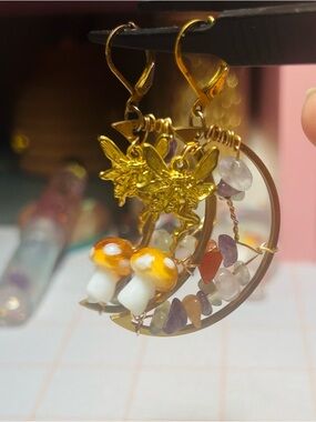 EARTHBOUND Gold Fairy Hoop Earrings with Yellow-Orange Mushroom Charms